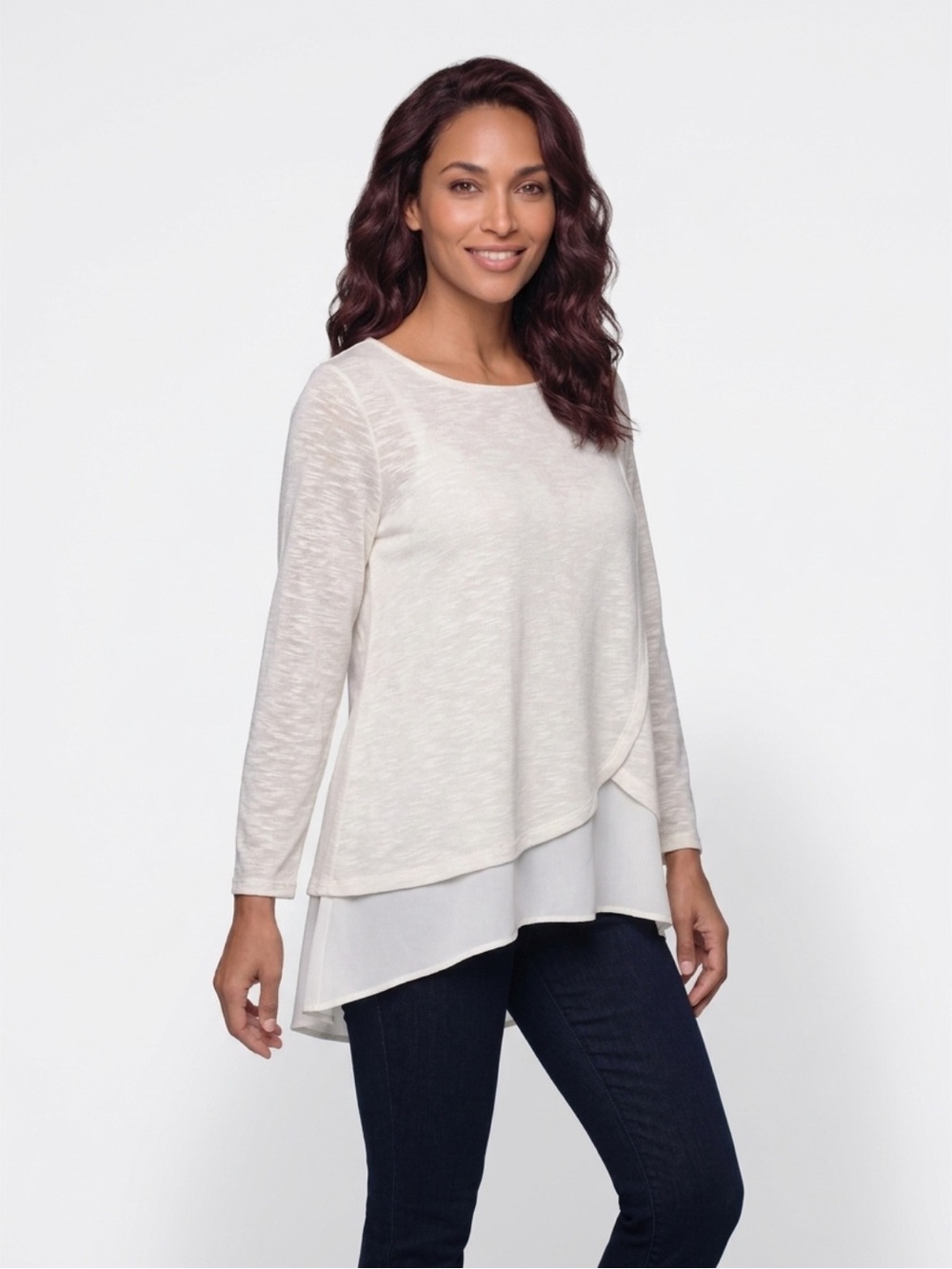 Chico's Cream Layered Scoop-Neck Long Sleeve Top